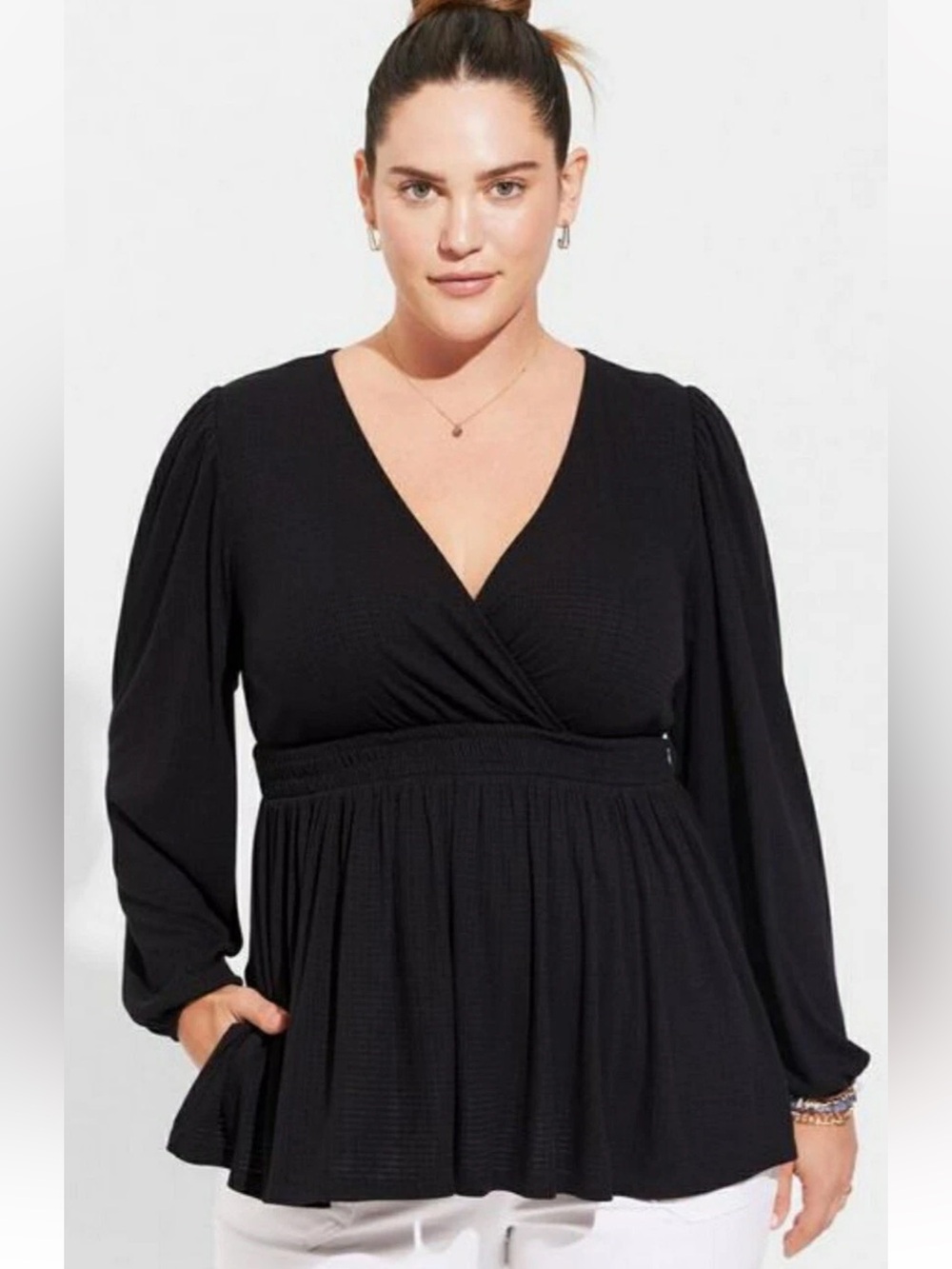 Torrid Pretty Black Surplice Puff Sleeve Babydoll Blouse Top